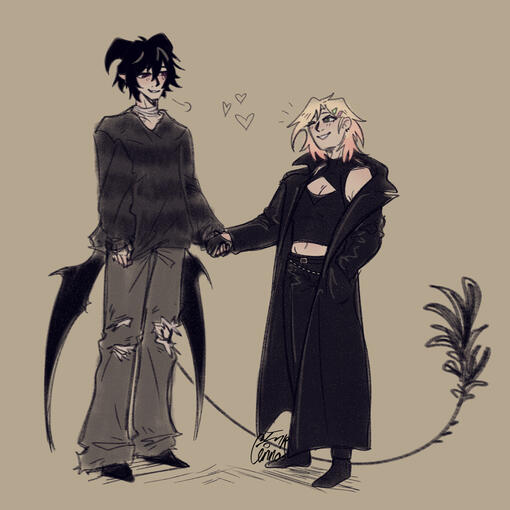 An image of my original characters, holding hands with their clothes swapped