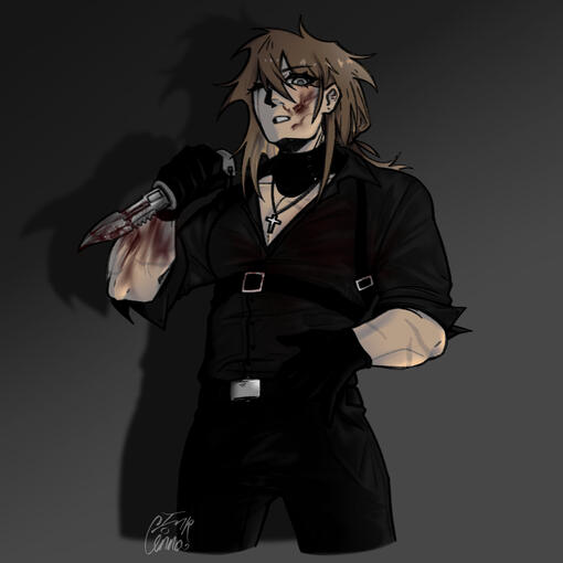 An image of my original character, Felix, with blood on him after a hunt
