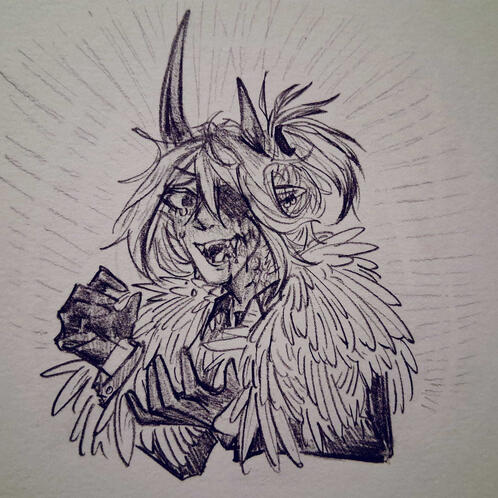 An image of my original character, Telfer, going insane again